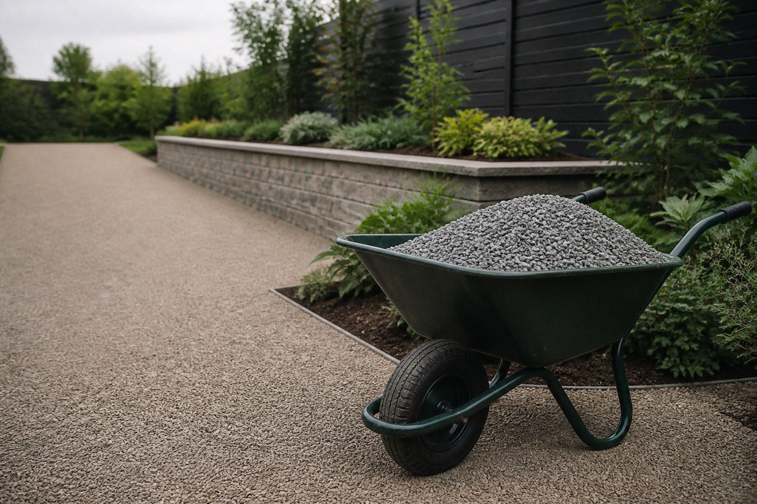 Wheelbarrow holding gravel beside a landscaped path